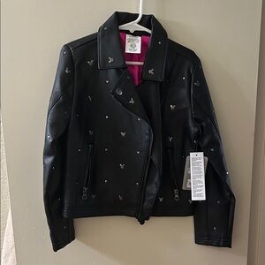Disney Black Faux Leather Jacket with Silver Mickey Accents